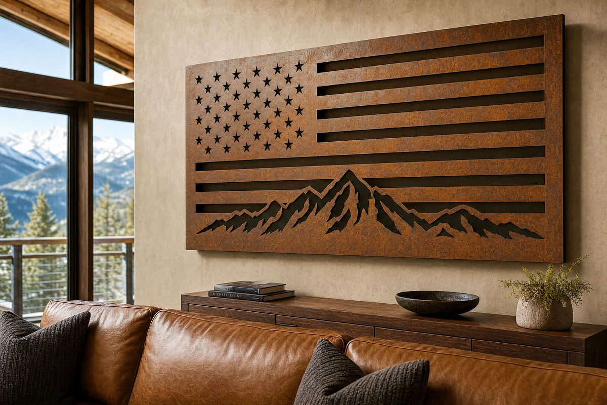 The Standard - American flag and mountain laser-cut steel wall art in a mountain lodge living room