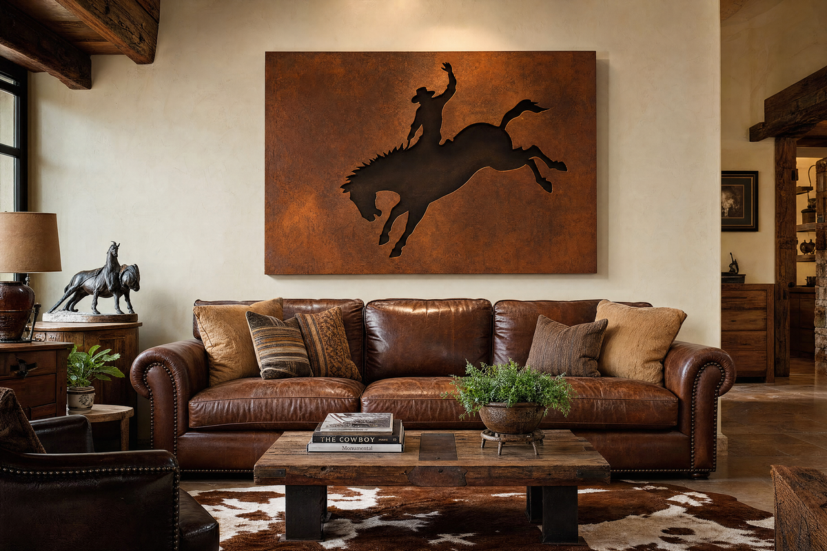 Bronc bucking horse cutout laser-cut steel wall art in a western ranch living room