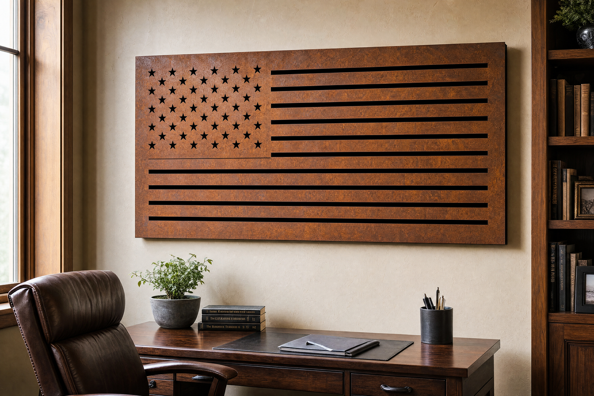 Union American flag laser-cut steel wall art with star cutouts in a warm home office