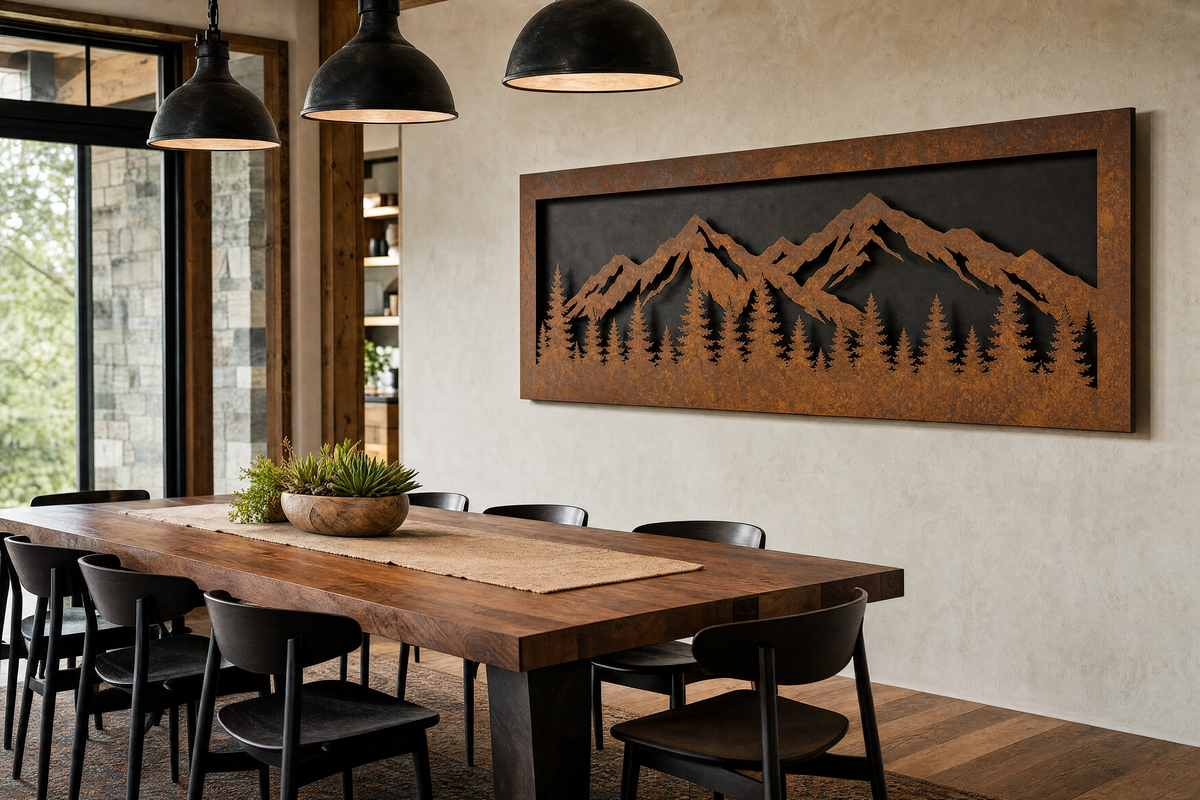 Timberline mountain and pine treeline laser-cut steel wall art in a rustic dining room