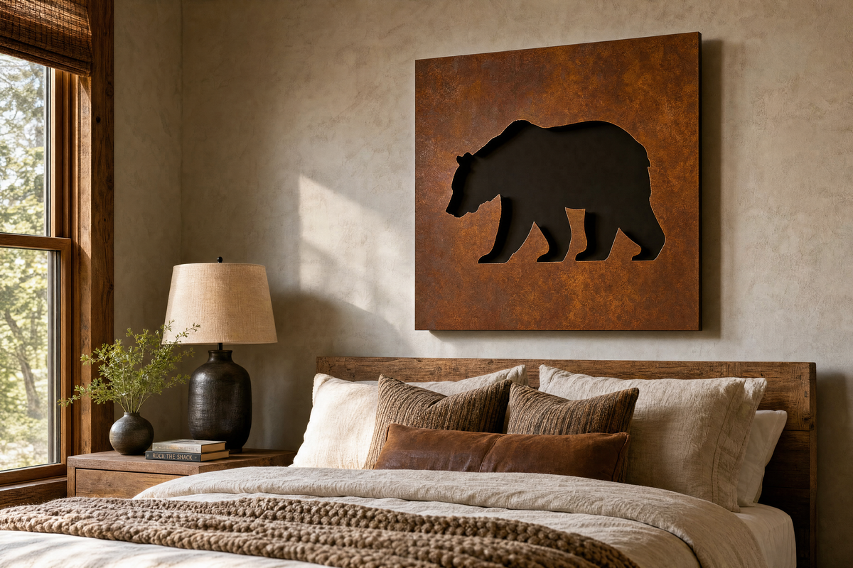 Sentinel grizzly bear cutout laser-cut steel wall art in a cabin bedroom