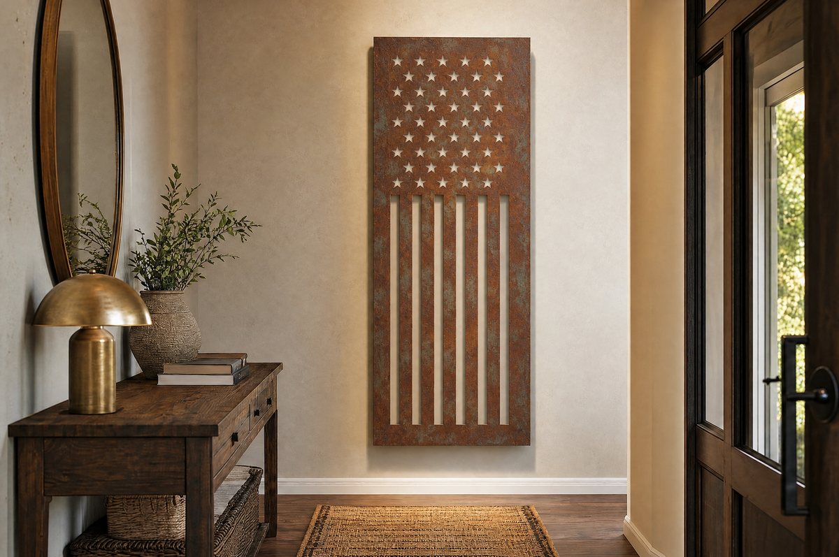Ensign laser-cut steel wall art in a room, wall visible through the cutouts