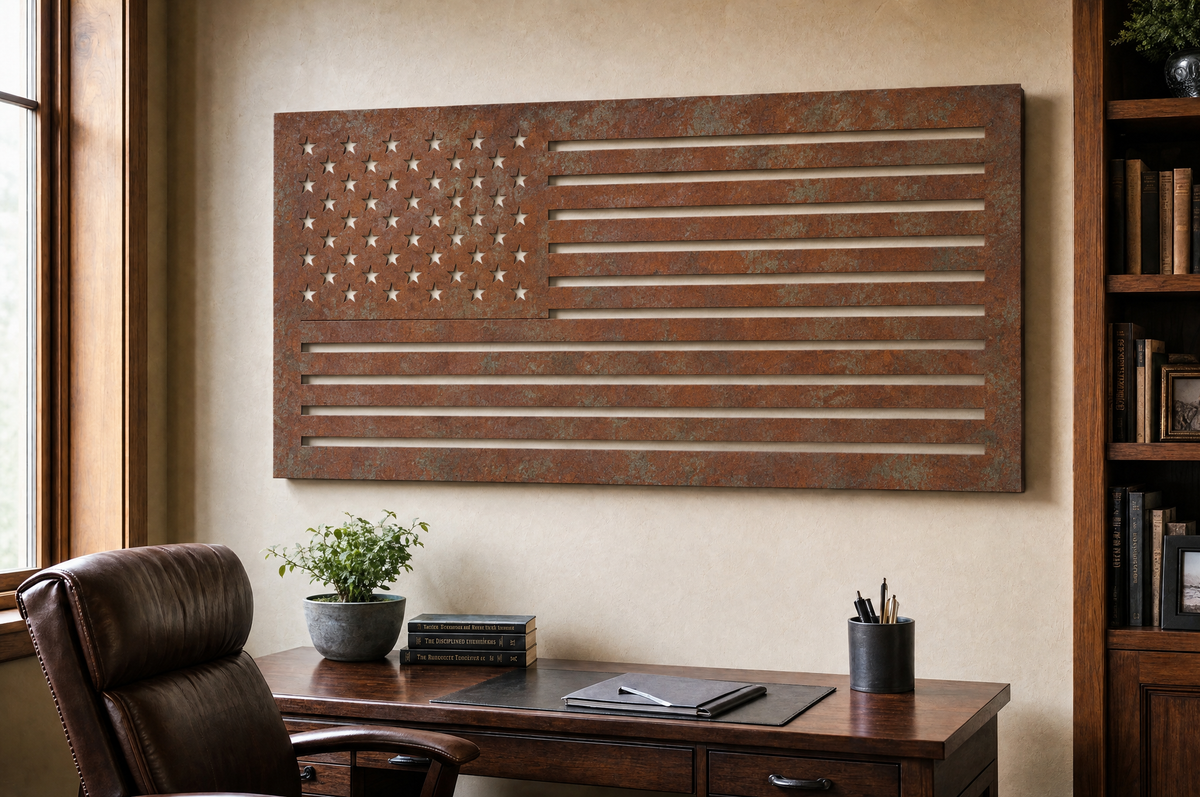 Union laser-cut steel wall art in a room, wall visible through the cutouts
