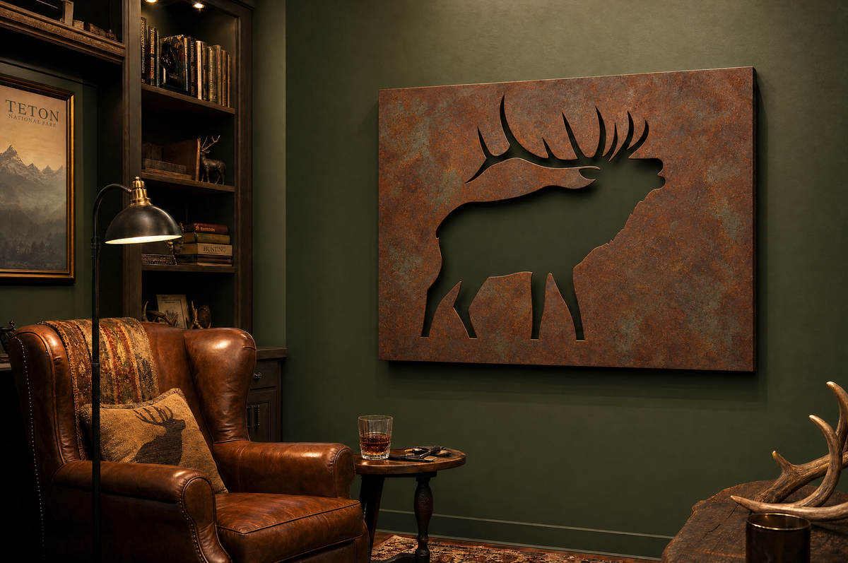 Monarch laser-cut steel wall art in a room, wall visible through the cutouts