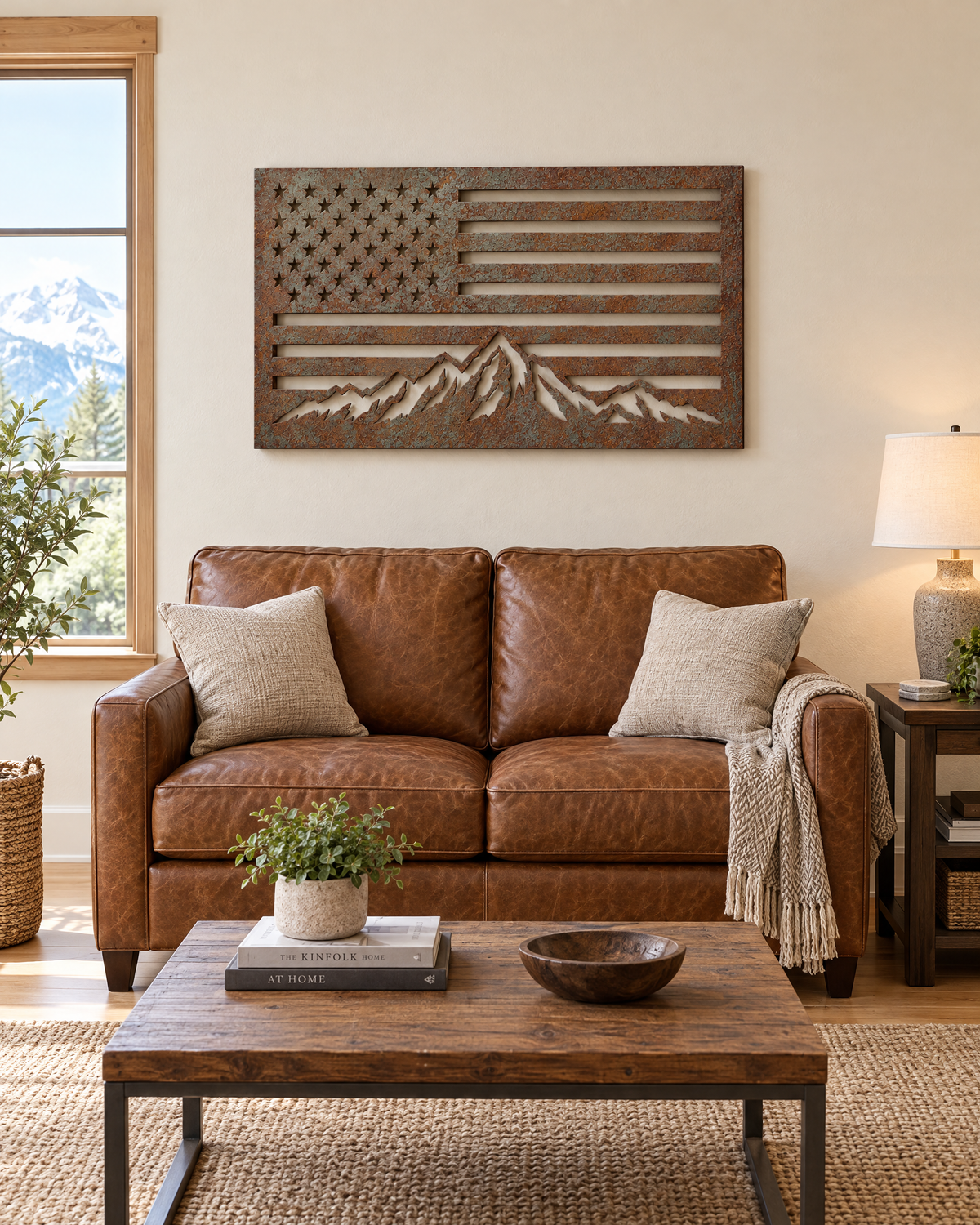 The Standard 44 x 24 inch steel wall art above a loveseat for scale