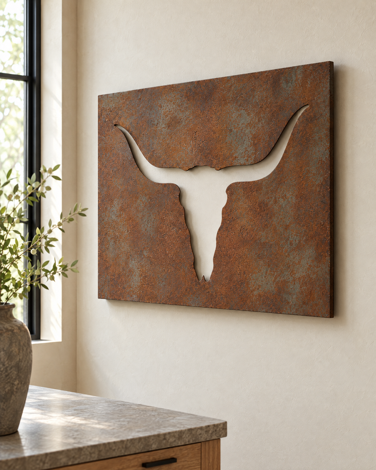 Longhorn steel wall art from the side, showing the 1.25 inch standoff and shadow gap