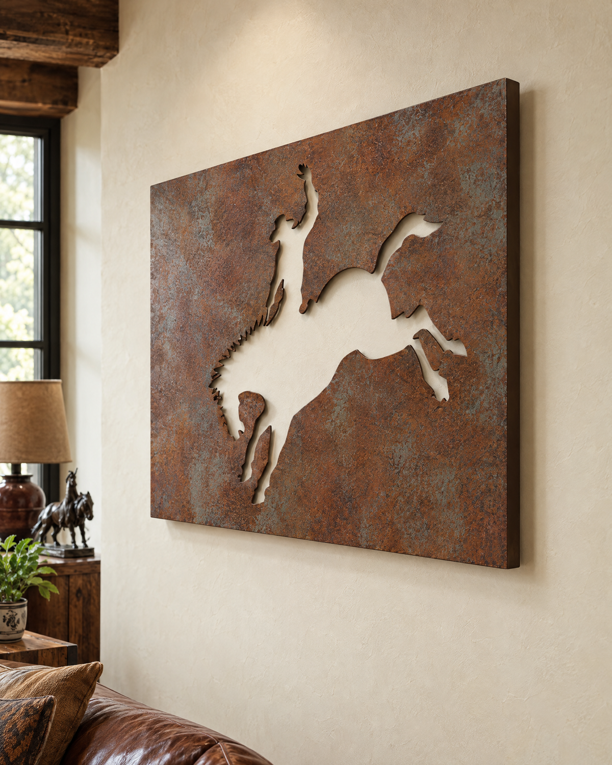 Bronc steel wall art from the side, showing the 1.25 inch standoff and shadow gap