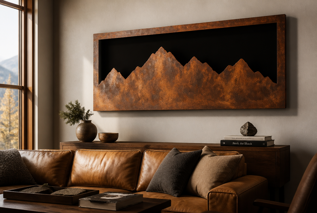 Sawtooth mountain metal wall art in a lodge living room