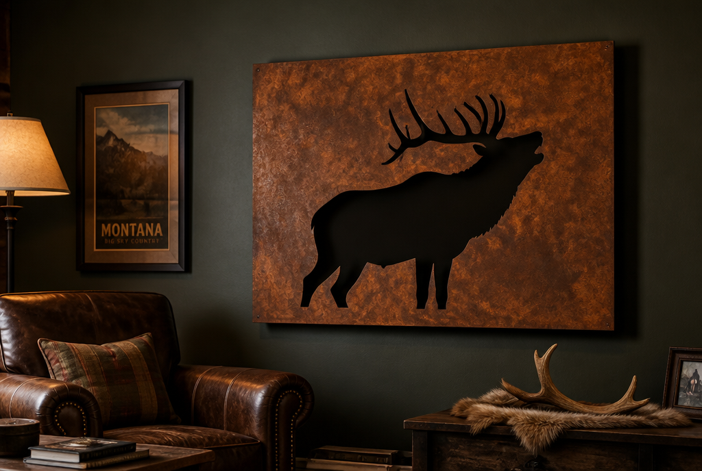 Monarch bull elk cutout metal wall art