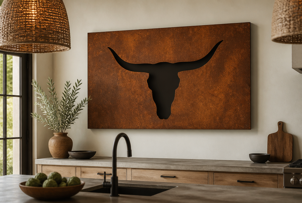 Longhorn steer skull cutout metal wall art