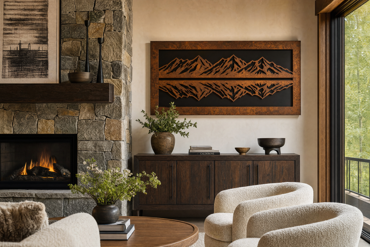 Redfish mountain and water reflection laser-cut steel wall art in a lodge great room