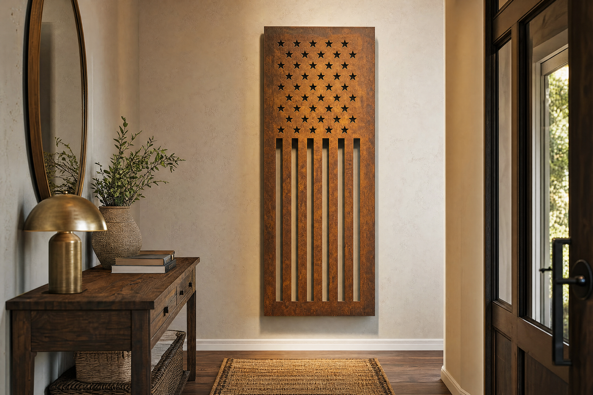 Ensign vertical American flag laser-cut steel wall art with star cutouts in an entryway