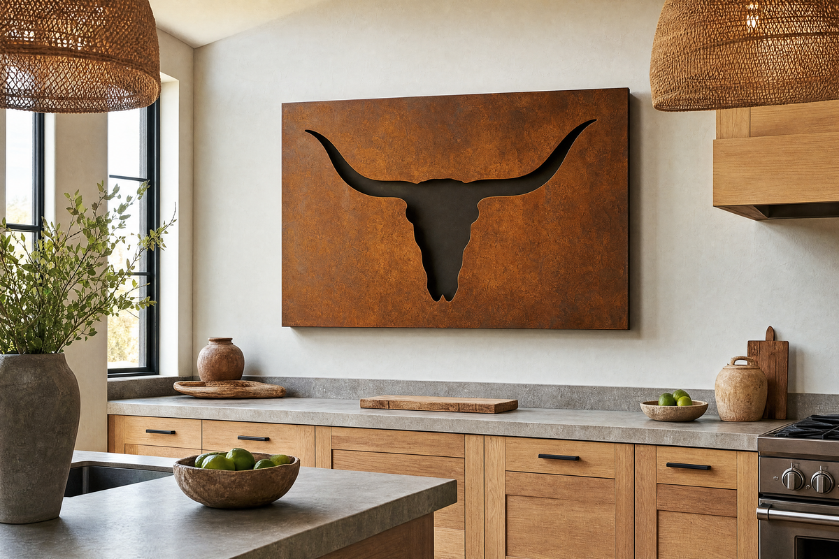 Longhorn steer skull cutout laser-cut steel wall art in a southwestern kitchen