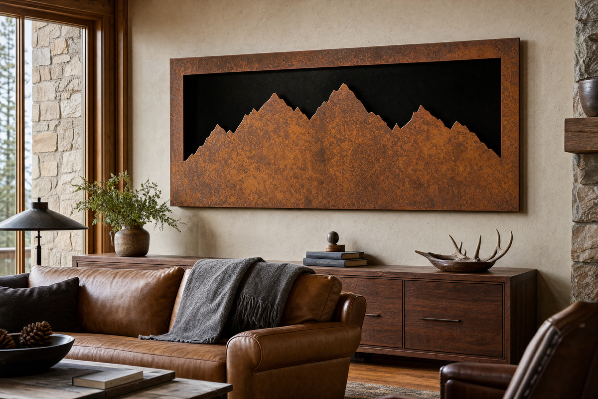 Sawtooth mountain ridgeline laser-cut steel wall art in a mountain lodge living room