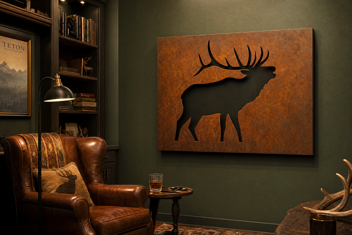 Monarch bull elk cutout laser-cut steel wall art in a hunting lodge den