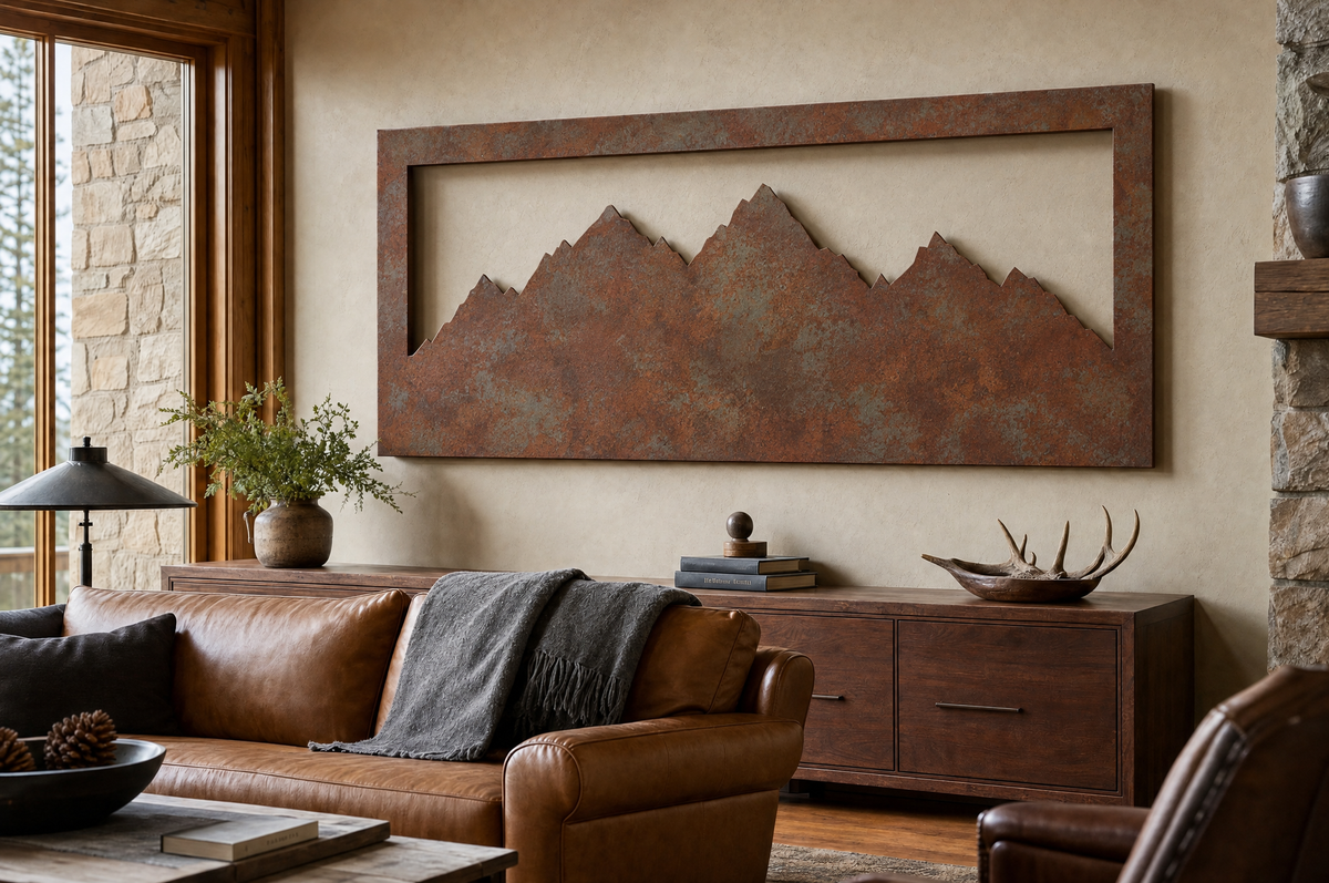 Sawtooth laser-cut steel mountain wall art in a lodge living room, wall visible through the cut-out sky