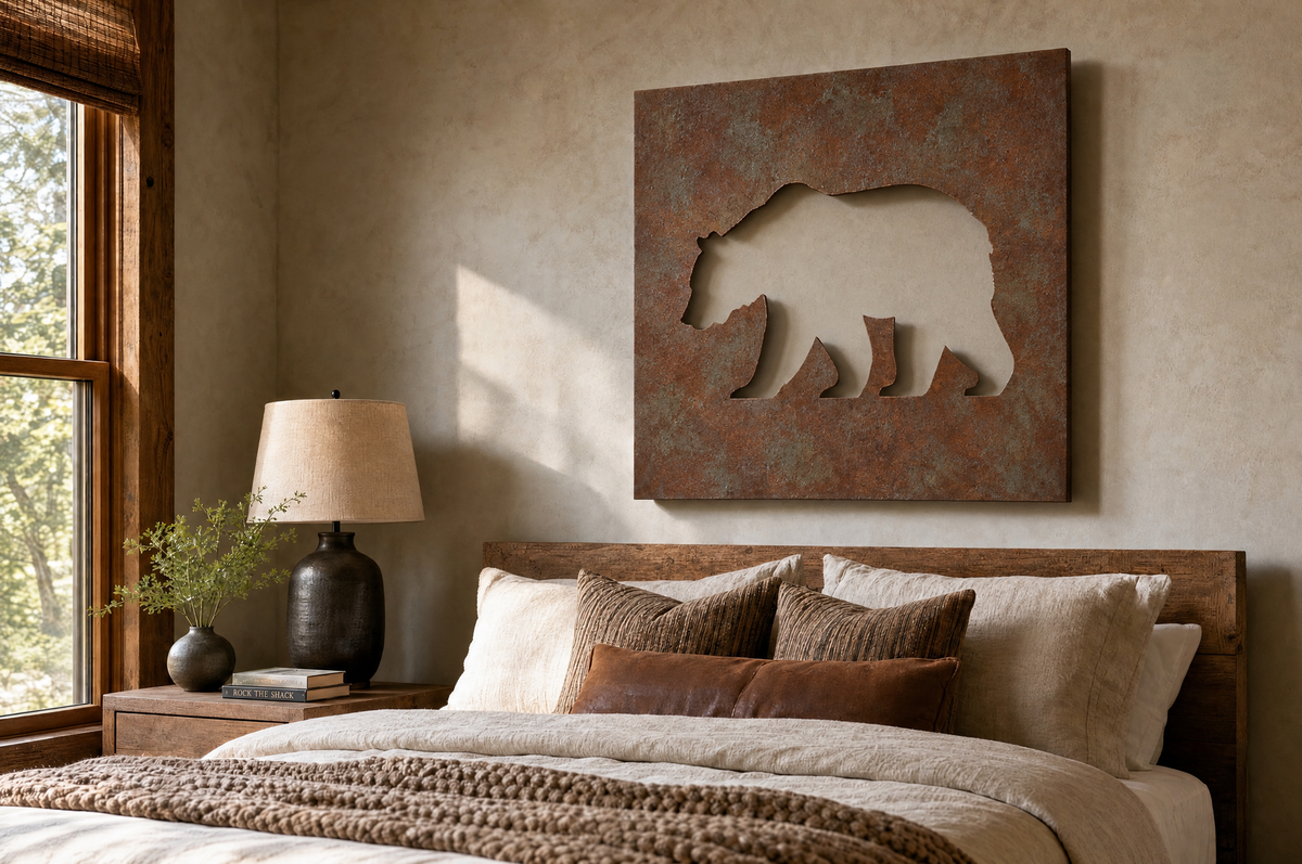 Sentinel laser-cut steel wall art in a room, wall visible through the cutouts