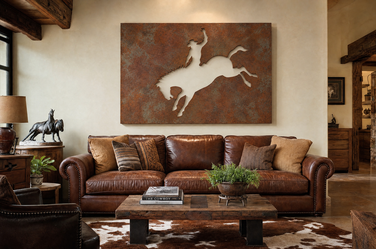 Bronc laser-cut steel wall art in a room, wall visible through the cutouts