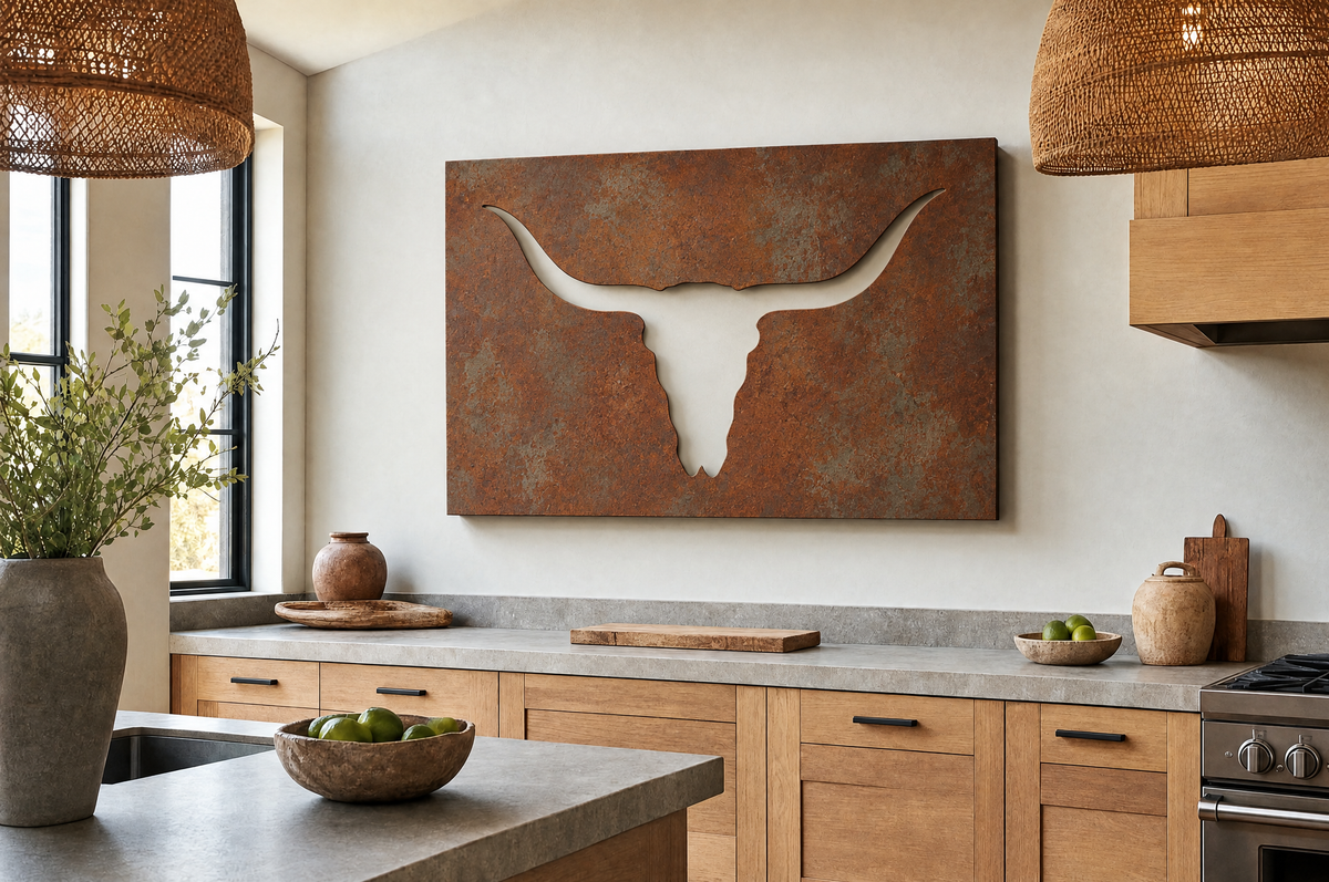 Longhorn laser-cut steel wall art in a room, wall visible through the cutouts