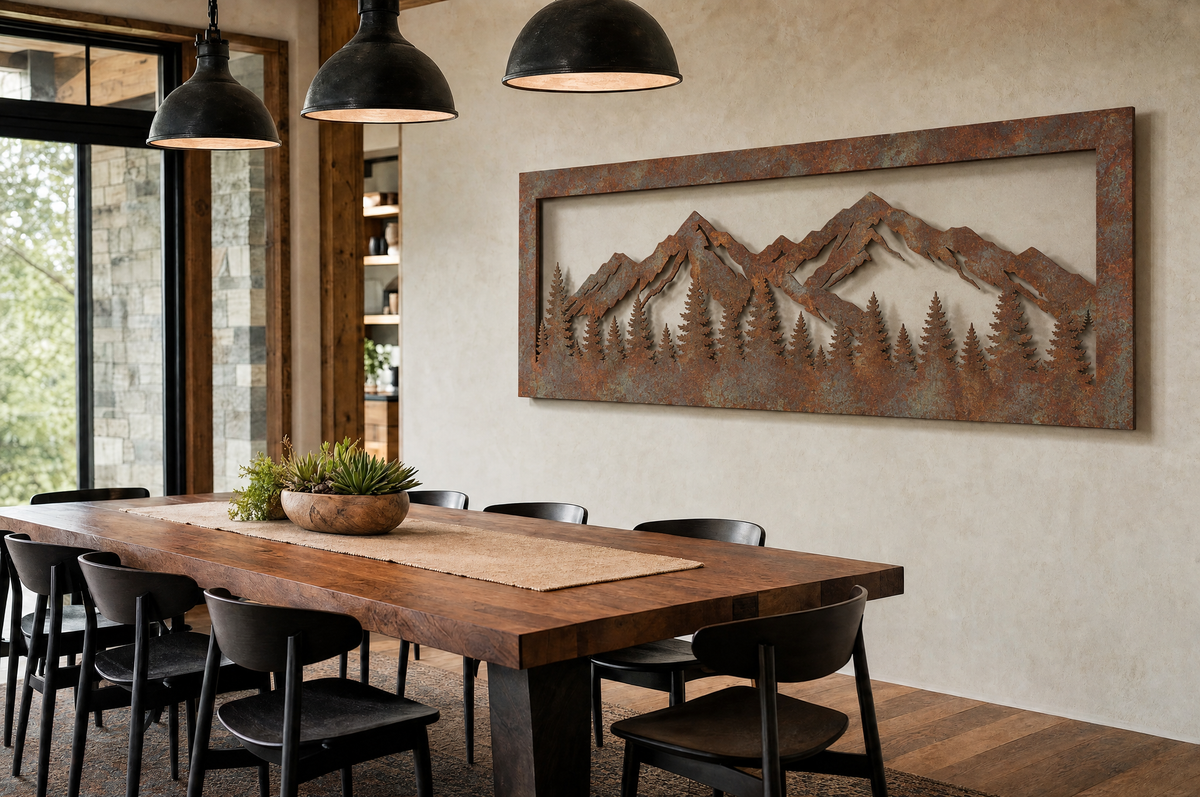 Timberline laser-cut steel wall art in a room, wall visible through the cutouts