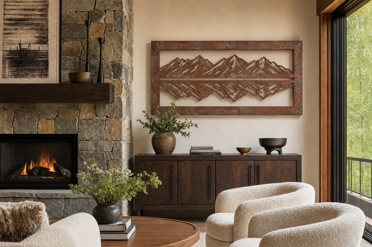Redfish laser-cut steel wall art in a room, wall visible through the cutouts