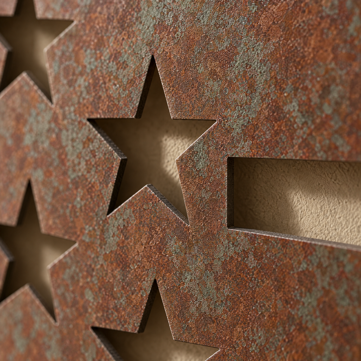 Close-up of The Standard laser-cut edge and hand-applied rust patina